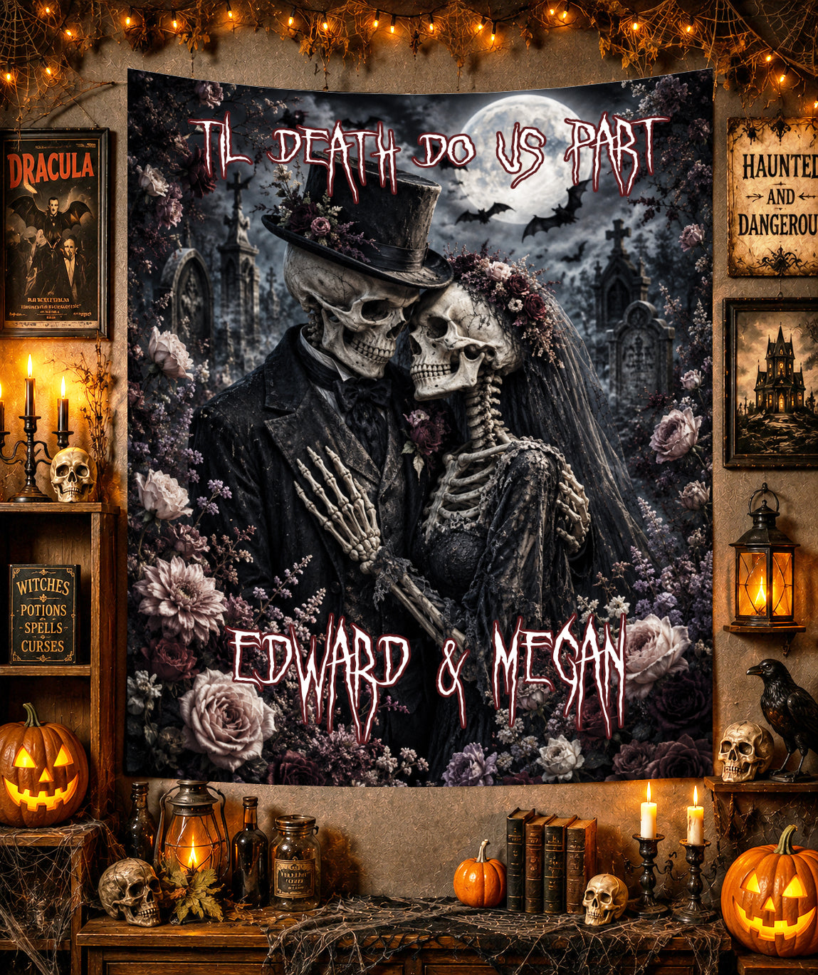 Custom Personalized Creepy Skeleton Couple Funeral Floral Halloween Blanket | Til Death Do Us Part | Spooky Throw Gift |  Spooky Decor