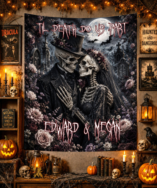 Custom Personalized Creepy Skeleton Couple Funeral Floral Halloween Blanket | Til Death Do Us Part | Spooky Throw Gift |  Spooky Decor