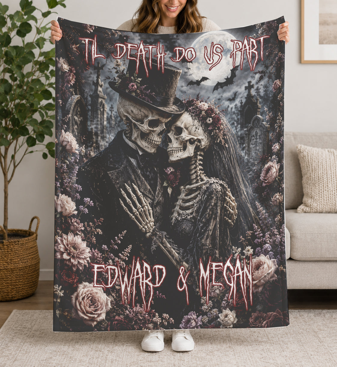 Custom Personalized Creepy Skeleton Couple Funeral Floral Halloween Blanket | Til Death Do Us Part | Spooky Throw Gift |  Spooky Decor