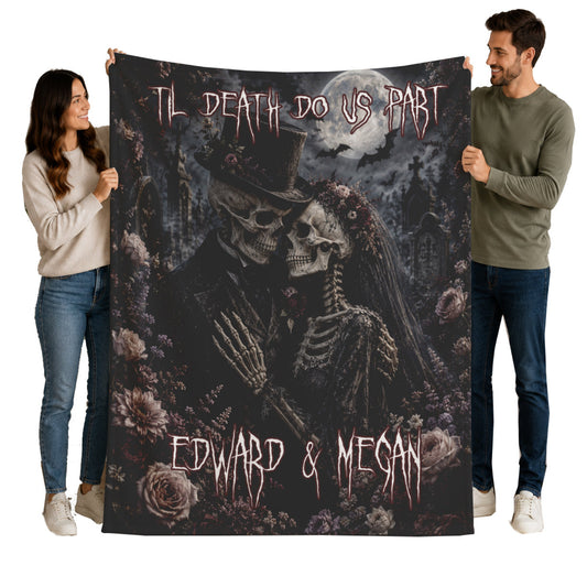 Custom Personalized Creepy Skeleton Couple Funeral Floral Halloween Blanket | Til Death Do Us Part | Spooky Throw Gift |  Spooky Decor