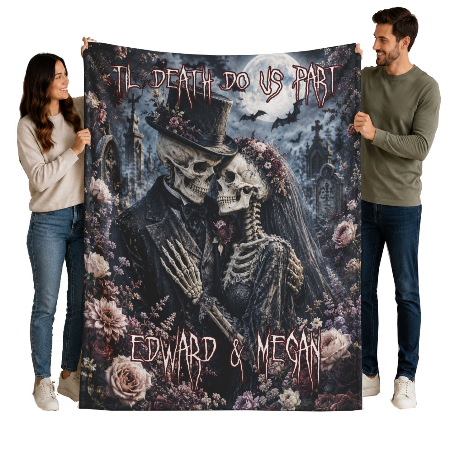 Custom Personalized Creepy Skeleton Couple Funeral Floral Halloween Blanket | Til Death Do Us Part | Spooky Throw Gift |  Spooky Decor