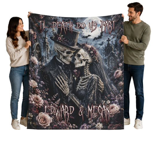 Custom Personalized Creepy Skeleton Couple Funeral Floral Halloween Blanket | Til Death Do Us Part | Spooky Throw Gift |  Spooky Decor