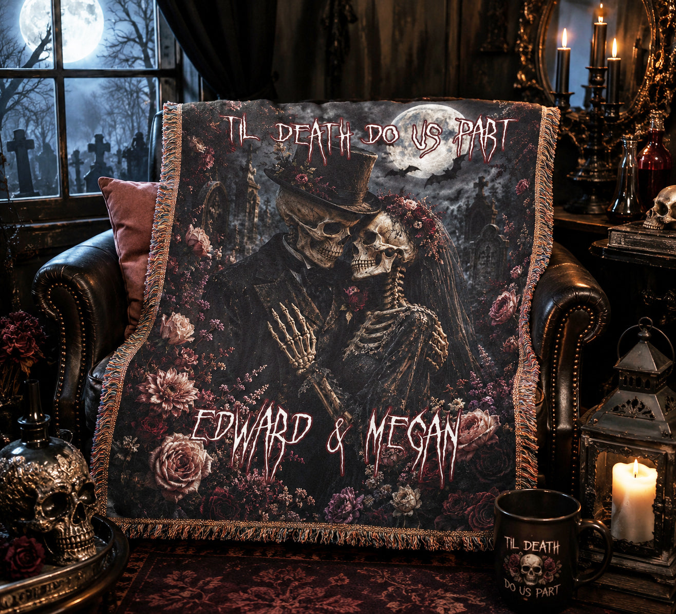 Custom Personalized Creepy Skeleton Couple Funeral Floral Halloween Blanket | Til Death Do Us Part | Spooky Throw Gift |  Spooky Decor