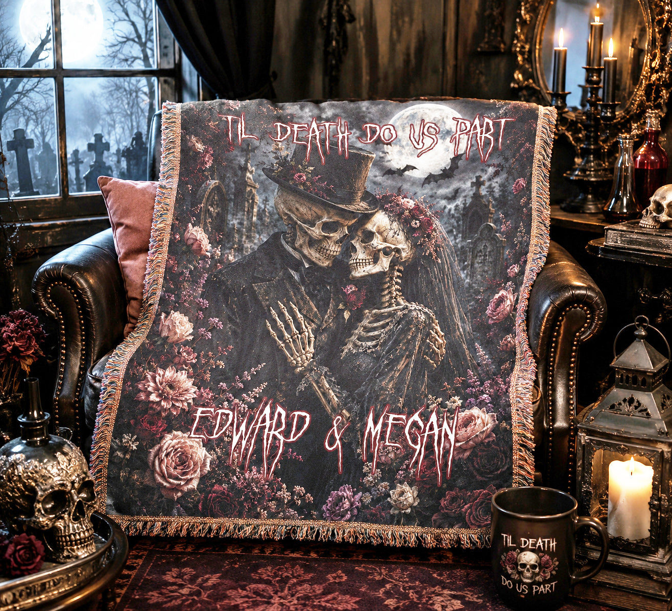 Custom Personalized Creepy Skeleton Couple Funeral Floral Halloween Blanket | Til Death Do Us Part | Spooky Throw Gift |  Spooky Decor