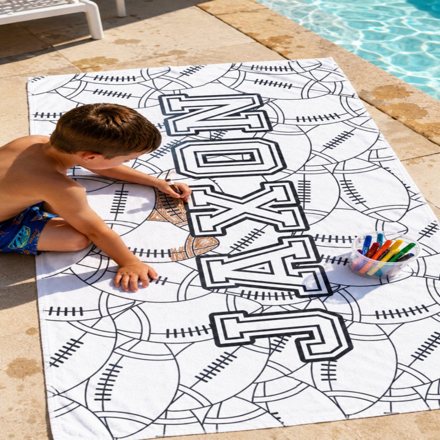 Personalized Coloring Doodle Coloring Beach Towel | Football Design with Name | Poolside Kids Crafts | Fabric Markers | Boys Beach Day