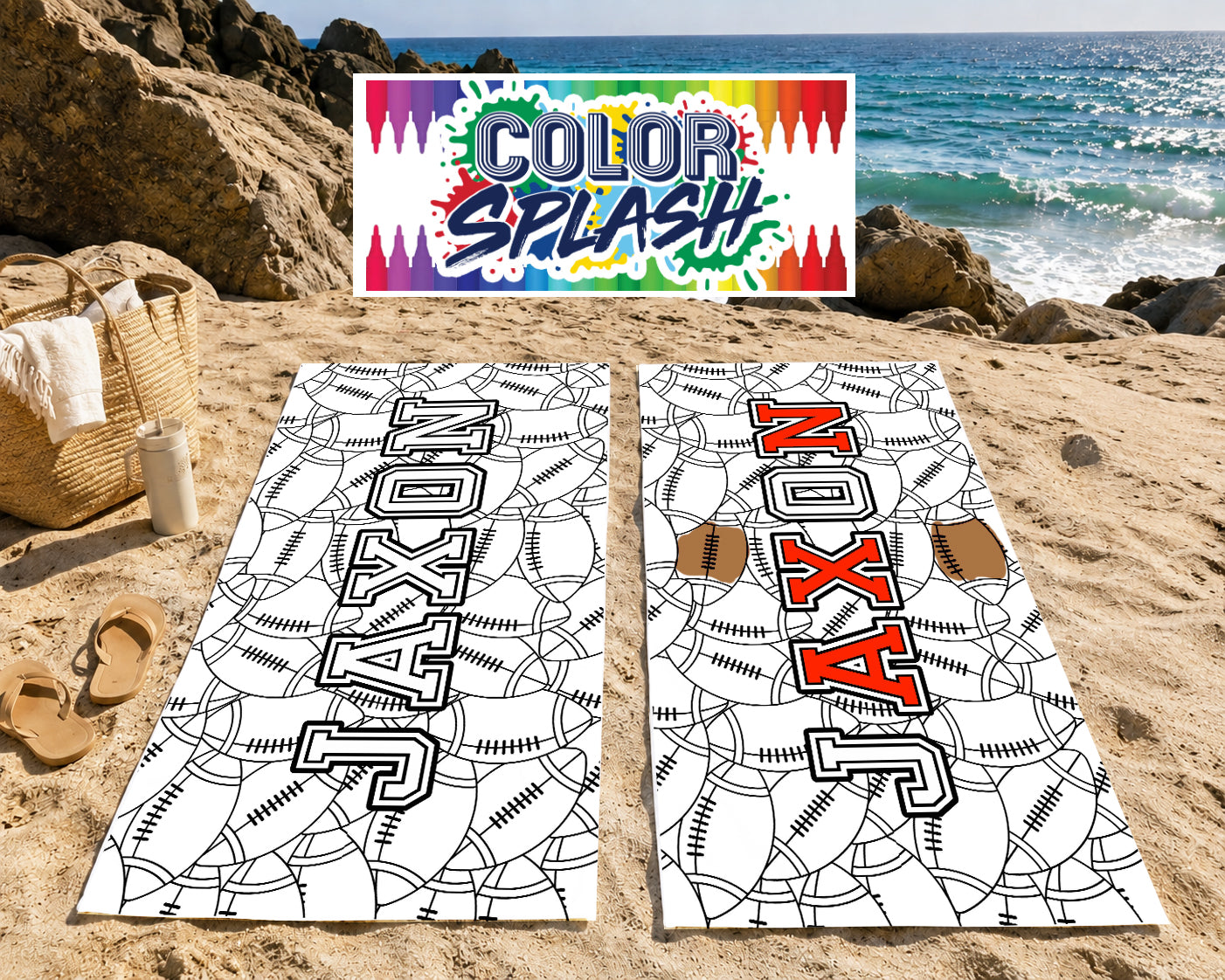 Personalized Coloring Doodle Coloring Beach Towel | Football Design with Name | Poolside Kids Crafts | Fabric Markers | Boys Beach Day