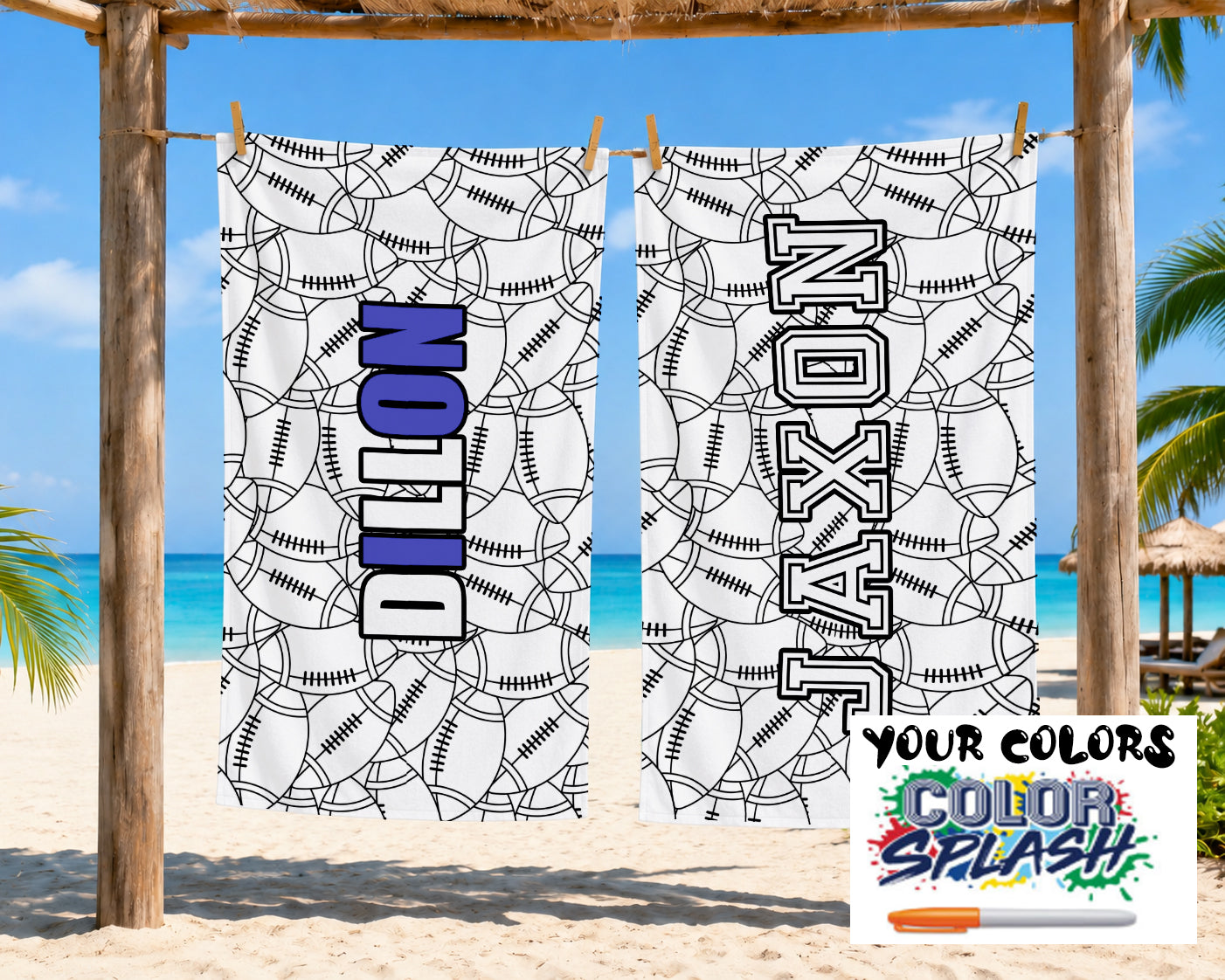 Personalized Coloring Doodle Coloring Beach Towel | Football Design with Name | Poolside Kids Crafts | Fabric Markers | Boys Beach Day