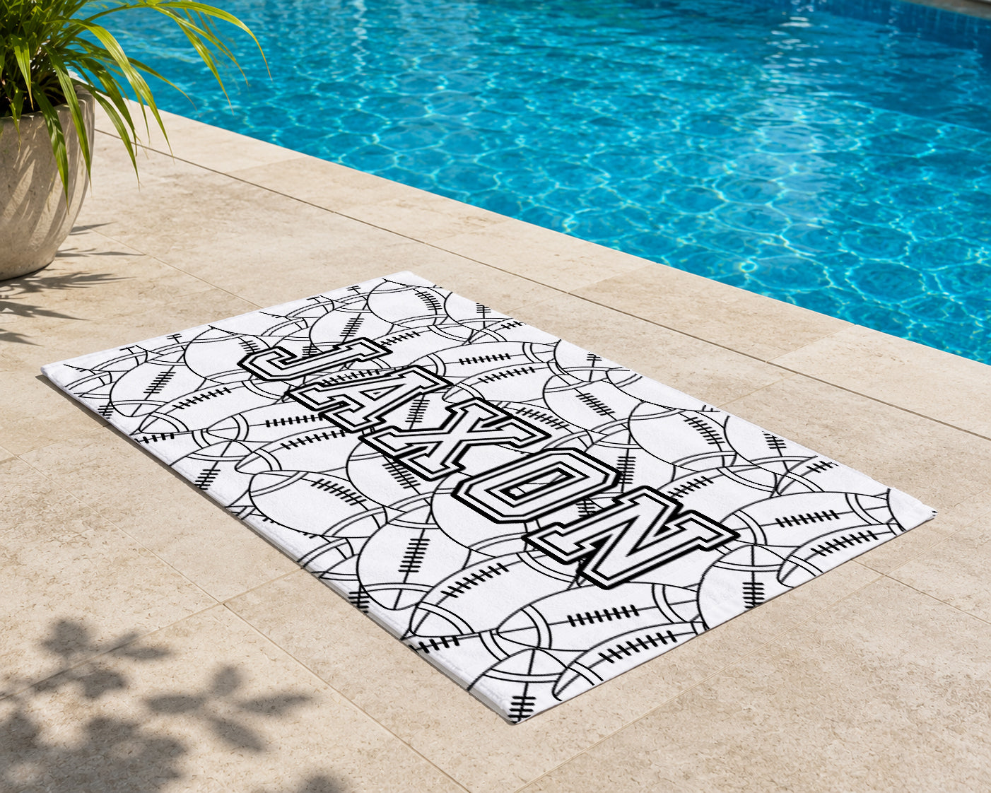 Personalized Coloring Doodle Coloring Beach Towel | Football Design with Name | Poolside Kids Crafts | Fabric Markers | Boys Beach Day