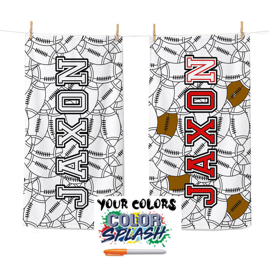 Personalized Coloring Doodle Coloring Beach Towel | Football Design with Name | Poolside Kids Crafts | Fabric Markers | Boys Beach Day