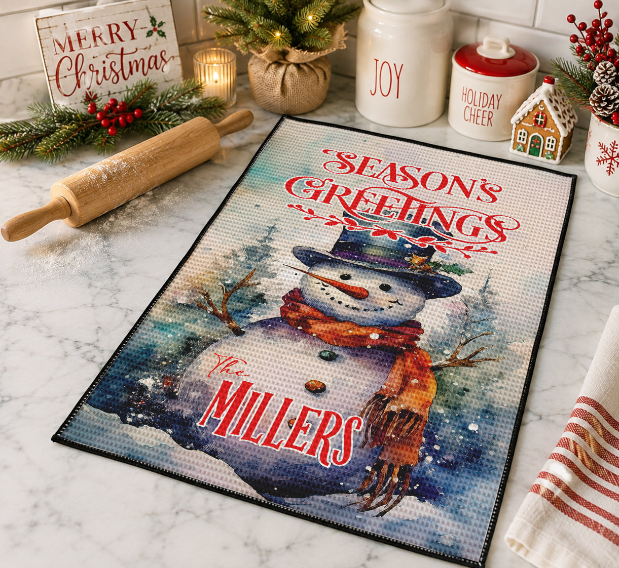 Personalized Christmas Kitchen Towel | Custom Snowman Waffle Weave Towel | Season's Greetings Family Name Dish Cloth | Farmhouse Decor Gift