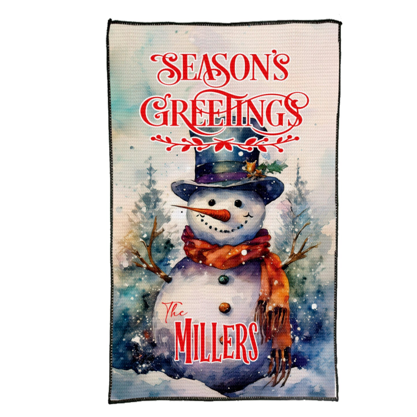 Personalized Christmas Kitchen Towel | Custom Snowman Waffle Weave Towel | Season's Greetings Family Name Dish Cloth | Farmhouse Decor Gift