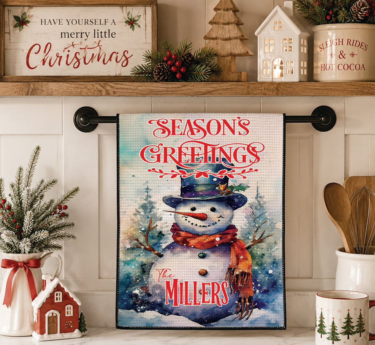 Personalized Christmas Kitchen Towel | Custom Snowman Waffle Weave Towel | Season's Greetings Family Name Dish Cloth | Farmhouse Decor Gift