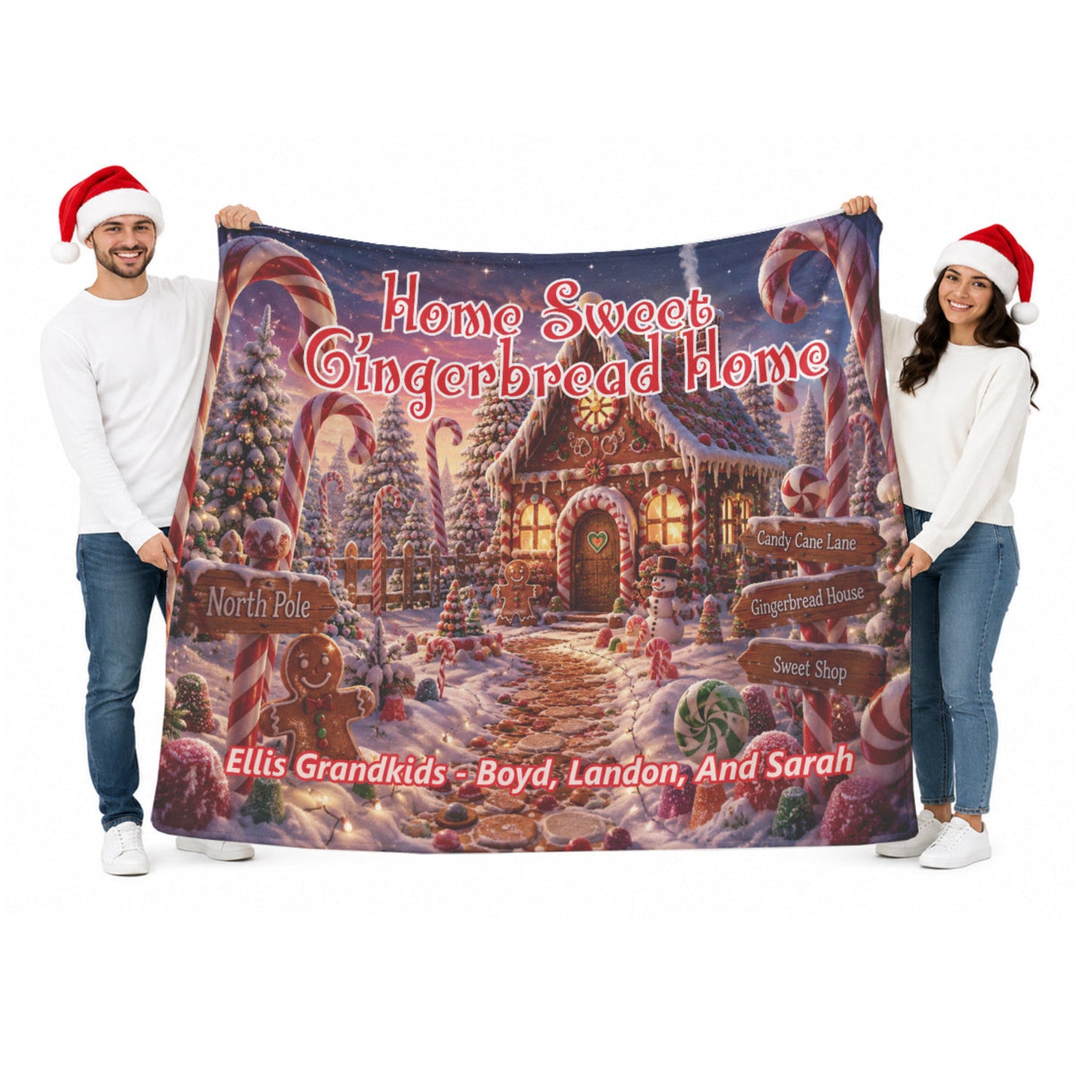 Personalized Grandkids Gingerbread Blanket | Custom Names Christmas Throw | Home Sweet Gingerbread Home Gift for Grandma | Family Names