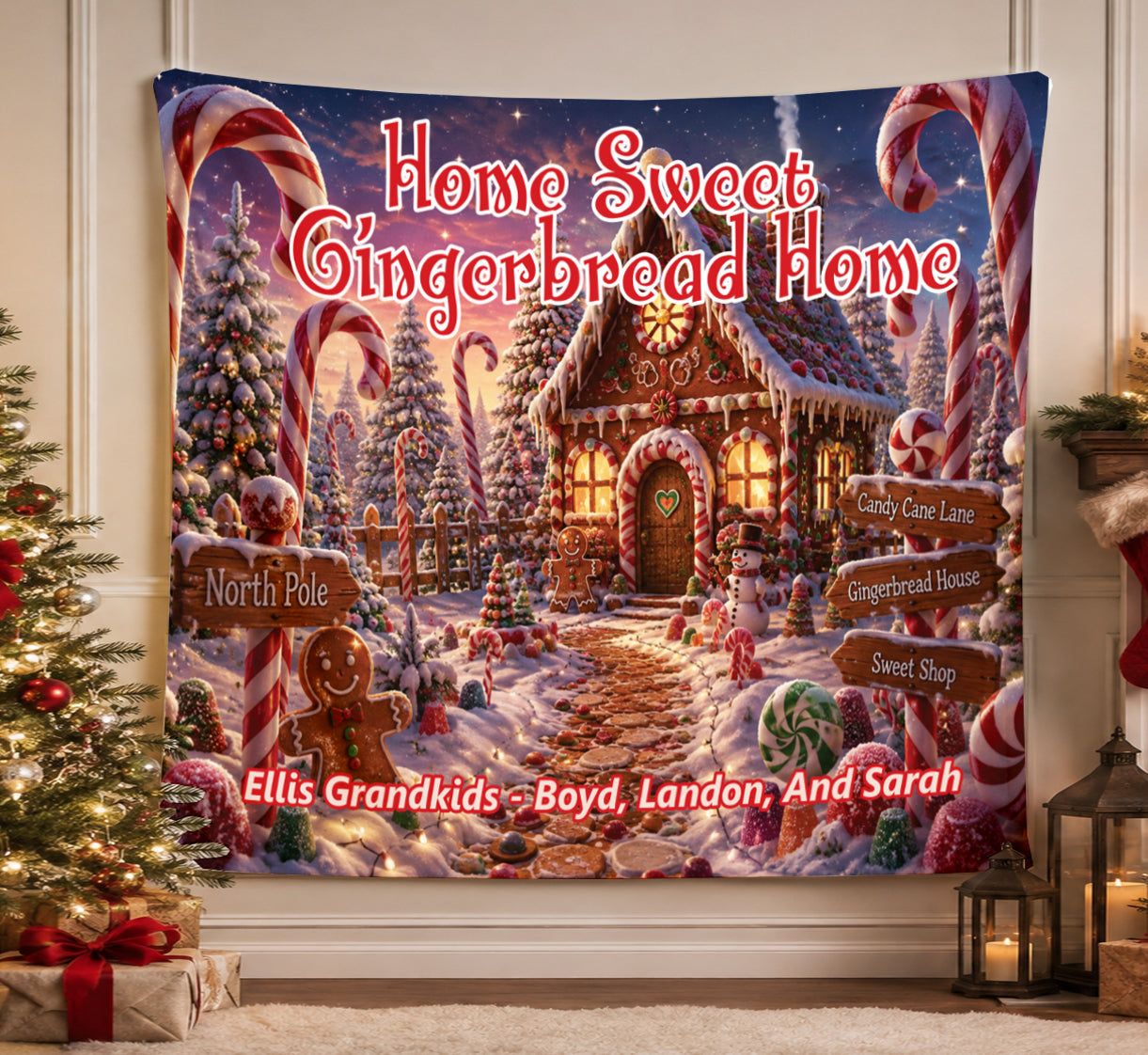Personalized Grandkids Gingerbread Blanket | Custom Names Christmas Throw | Home Sweet Gingerbread Home Gift for Grandma | Family Names