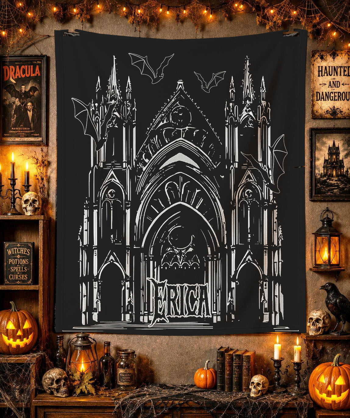 Personalized Gothic Cathedral Blanket  | Halloween Bat Throw | Dark Academia Home Decor | Macabre | Spooky Gift | Haunted Church Decorum
