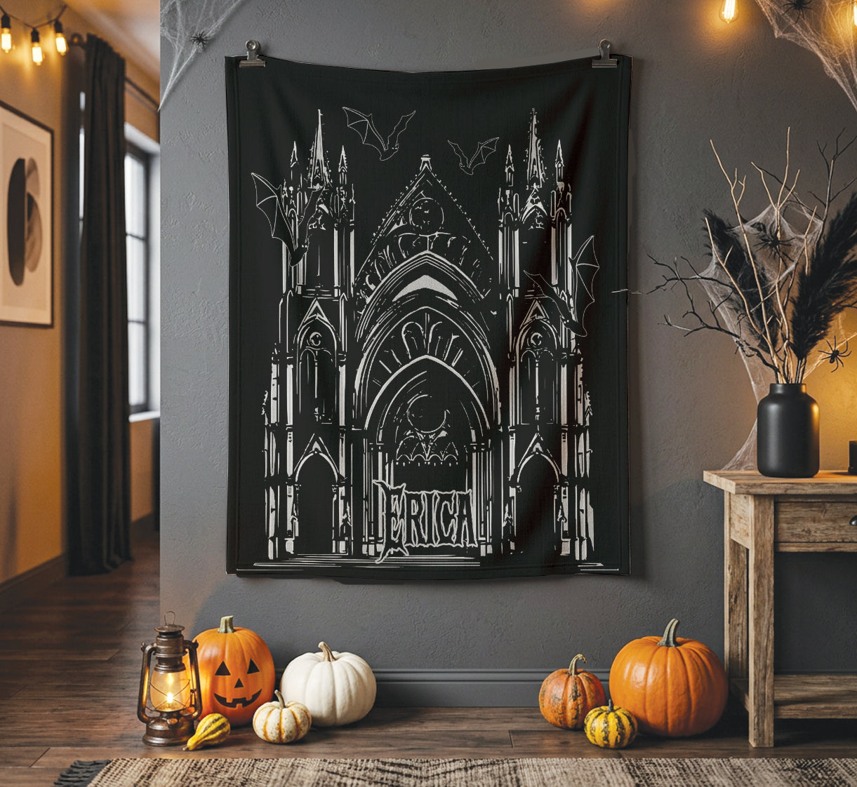 Personalized Gothic Cathedral Blanket  | Halloween Bat Throw | Dark Academia Home Decor | Macabre | Spooky Gift | Haunted Church Decorum