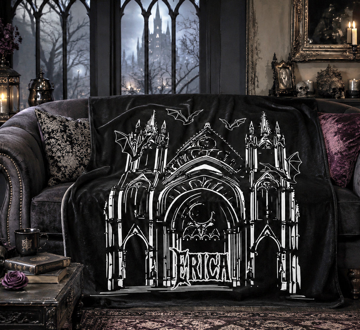 Personalized Gothic Cathedral Blanket  | Halloween Bat Throw | Dark Academia Home Decor | Macabre | Spooky Gift | Haunted Church Decorum