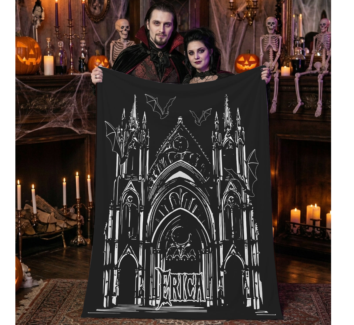 Personalized Gothic Cathedral Blanket  | Halloween Bat Throw | Dark Academia Home Decor | Macabre | Spooky Gift | Haunted Church Decorum