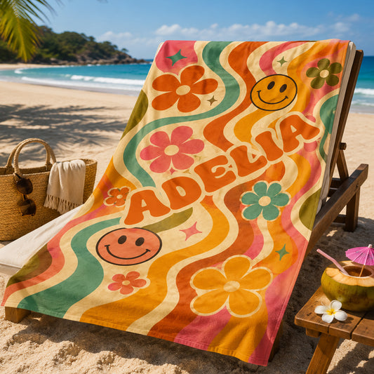 Personalized Groovy Retro Beach Towel | Girls Beach Accessories | Smile Faces and Flowers Towel | Flower Power | Summer Beach Vacation