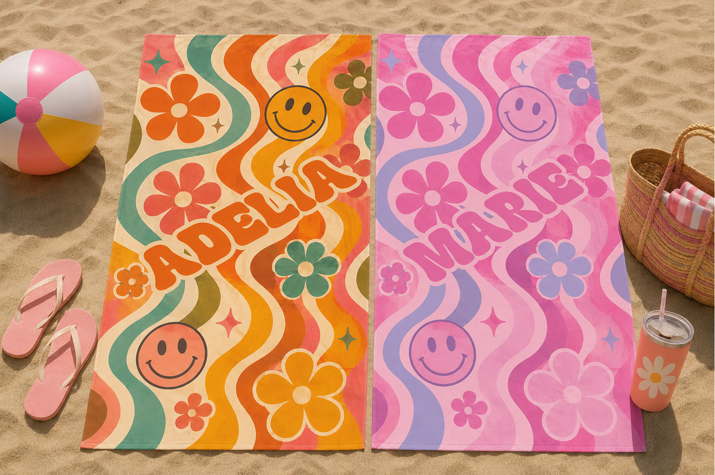 Personalized Groovy Retro Beach Towel | Girls Beach Accessories | Smile Faces and Flowers Towel | Flower Power | Summer Beach Vacation
