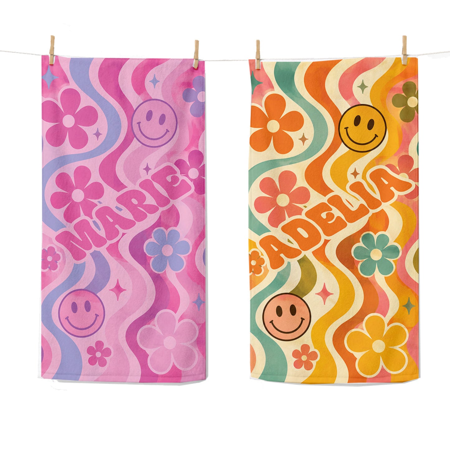 Personalized Groovy Retro Beach Towel | Girls Beach Accessories | Smile Faces and Flowers Towel | Flower Power | Summer Beach Vacation