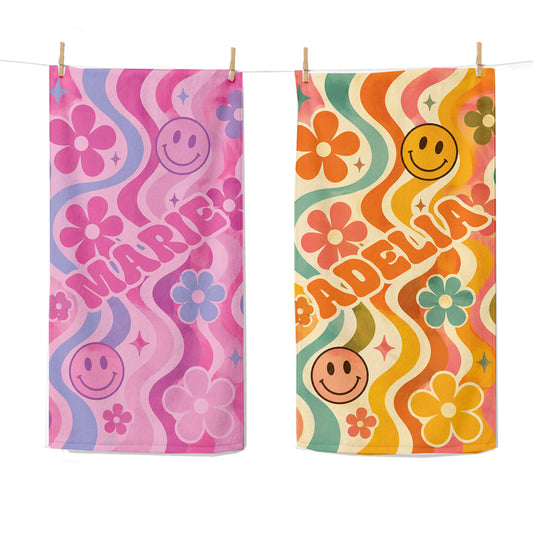 Personalized Groovy Retro Beach Towel | Girls Beach Accessories | Smile Faces and Flowers Towel | Flower Power | Summer Beach Vacation