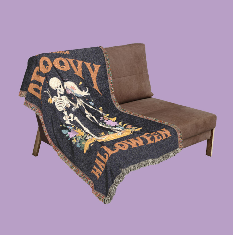 Personalized Halloween Couple Woven Blanket | Groovy Dance Skeleton Throw |  Creepy Gift |  Spooky Home Decor | Halloween Keepsake