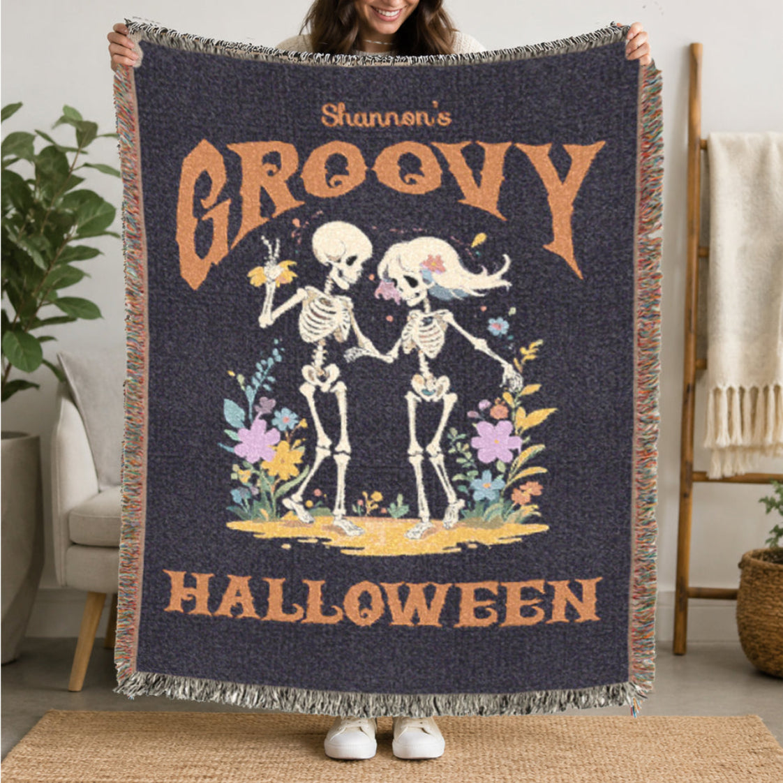 Personalized Halloween Couple Woven Blanket | Groovy Dance Skeleton Throw |  Creepy Gift |  Spooky Home Decor | Halloween Keepsake