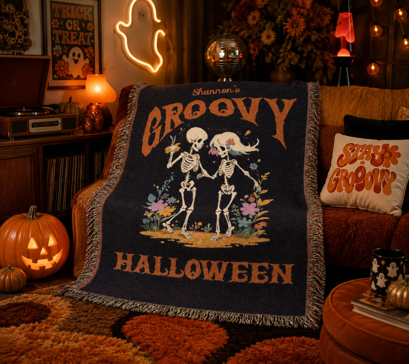 Personalized Halloween Couple Woven Blanket | Groovy Dance Skeleton Throw |  Creepy Gift |  Spooky Home Decor | Halloween Keepsake