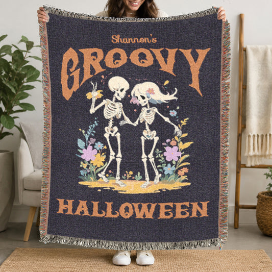 Personalized Halloween Couple Woven Blanket | Groovy Dance Skeleton Throw |  Creepy Gift |  Spooky Home Decor | Halloween Keepsake