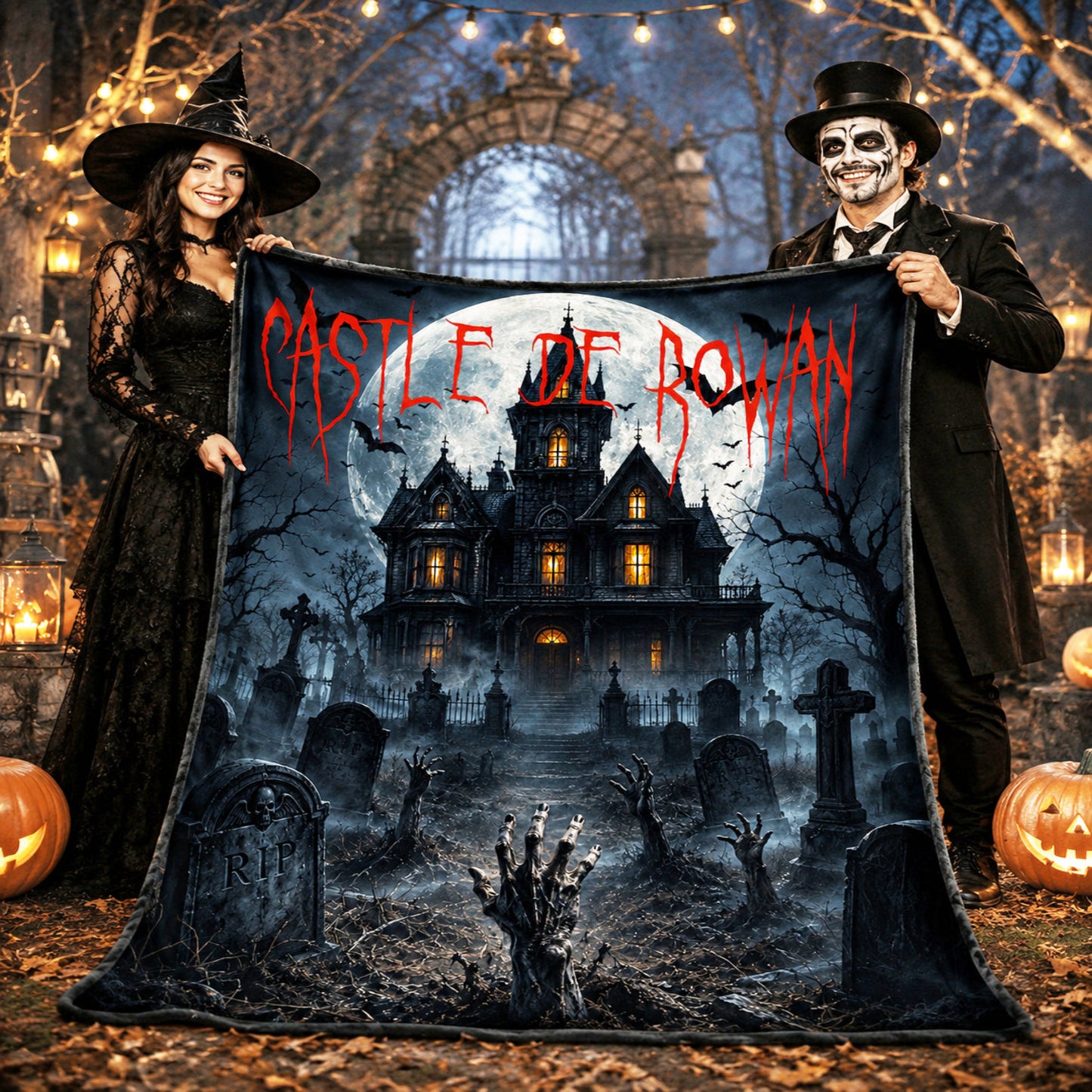 Personalized Spooky Woven Halloween Haunted House Blanket | Creepy Haunted Cemetary Fleece Throw |  Eerie Macabre Gift | Fall Season Decor