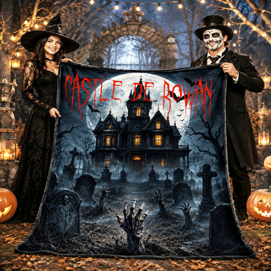 Personalized Spooky Woven Halloween Haunted House Blanket | Creepy Haunted Cemetary Fleece Throw |  Eerie Macabre Gift | Fall Season Decor