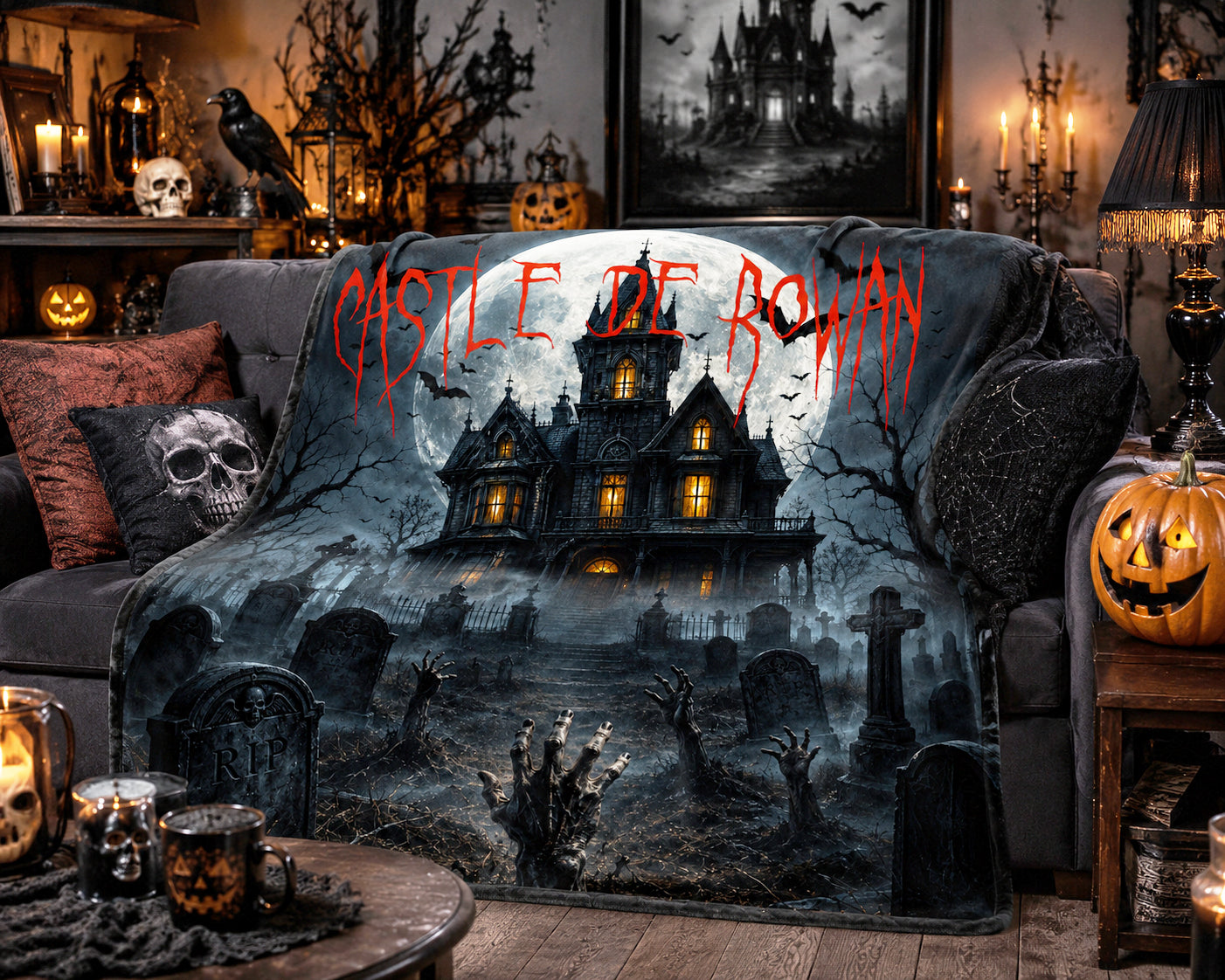 Personalized Spooky Woven Halloween Haunted House Blanket | Creepy Haunted Cemetary Fleece Throw |  Eerie Macabre Gift | Fall Season Decor