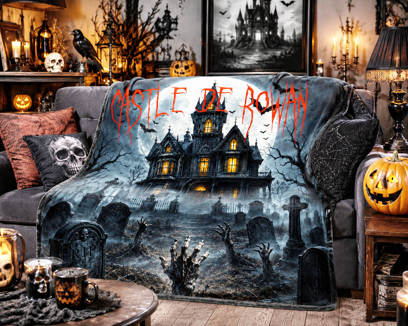 Personalized Haunted House Halloween Blanket | Cemetery Throw