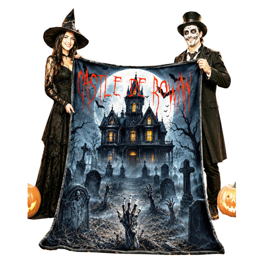 Personalized Spooky Woven Halloween Haunted House Blanket | Creepy Haunted Cemetary Fleece Throw |  Eerie Macabre Gift | Fall Season Decor