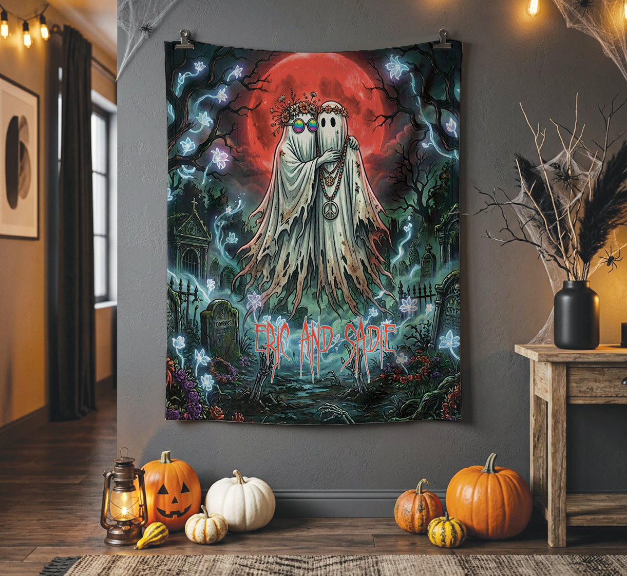 Custom Hippie Ghost Couple Halloween Blanket