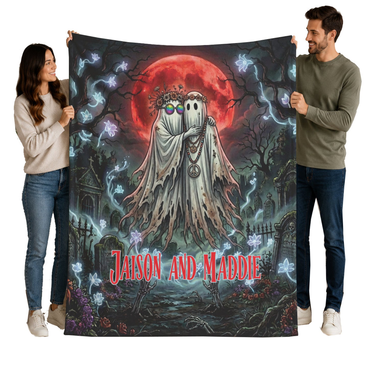 Custom Hippie Ghost Couple Halloween Blanket