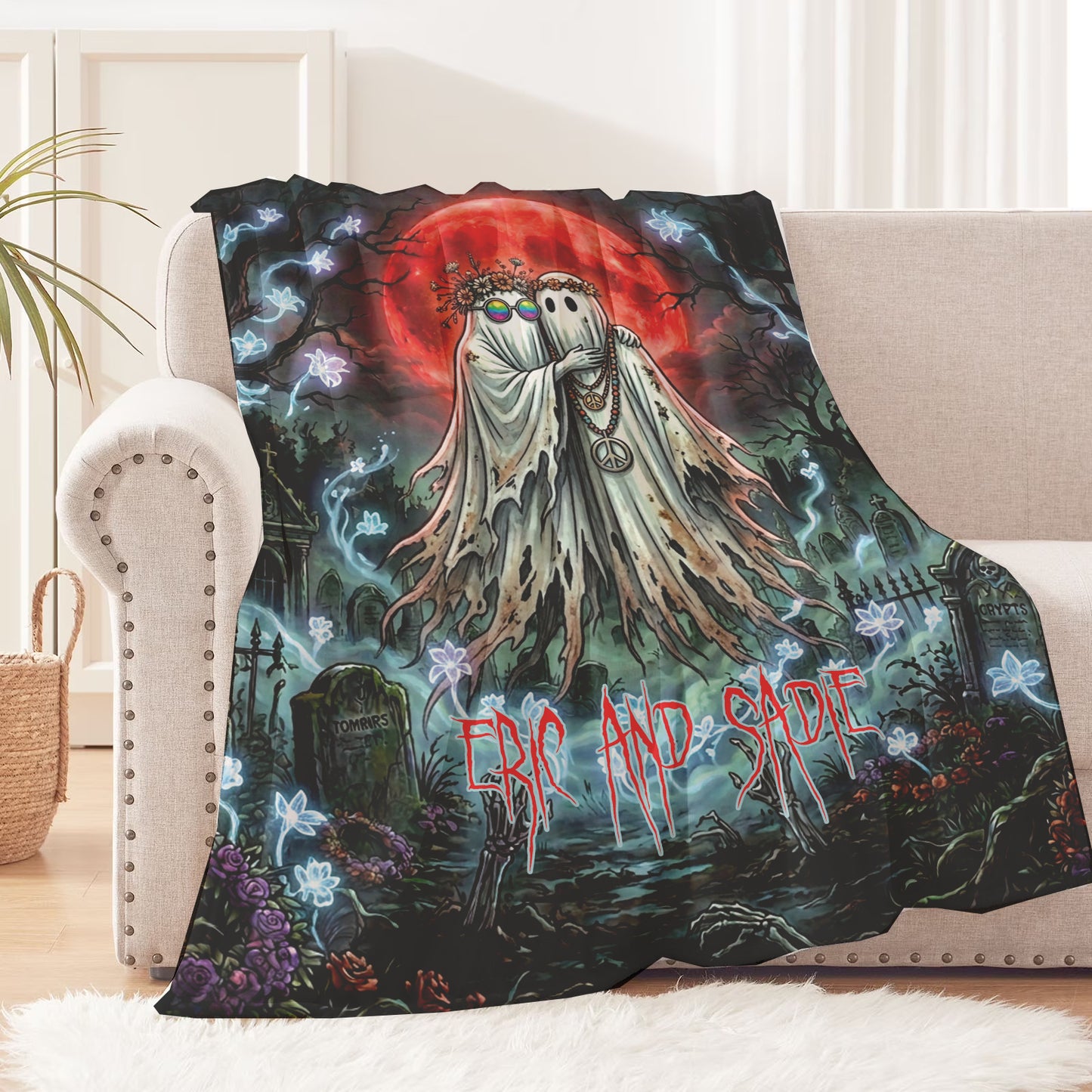 Custom Hippie Ghost Couple Halloween Blanket