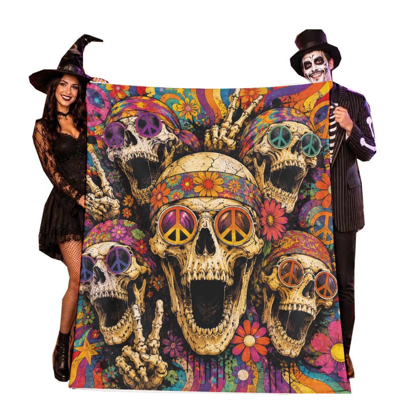 Personalized Psychedelic Hippie Skull Halloween Blanket