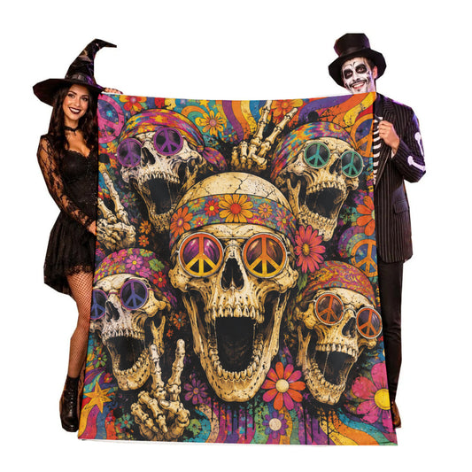 Optional Personalized Psychedelic Hippie Skull Halloween Blanket | Retro Groovy Throw | Boho Gothic Screaming Skull Decor | Macabre Home