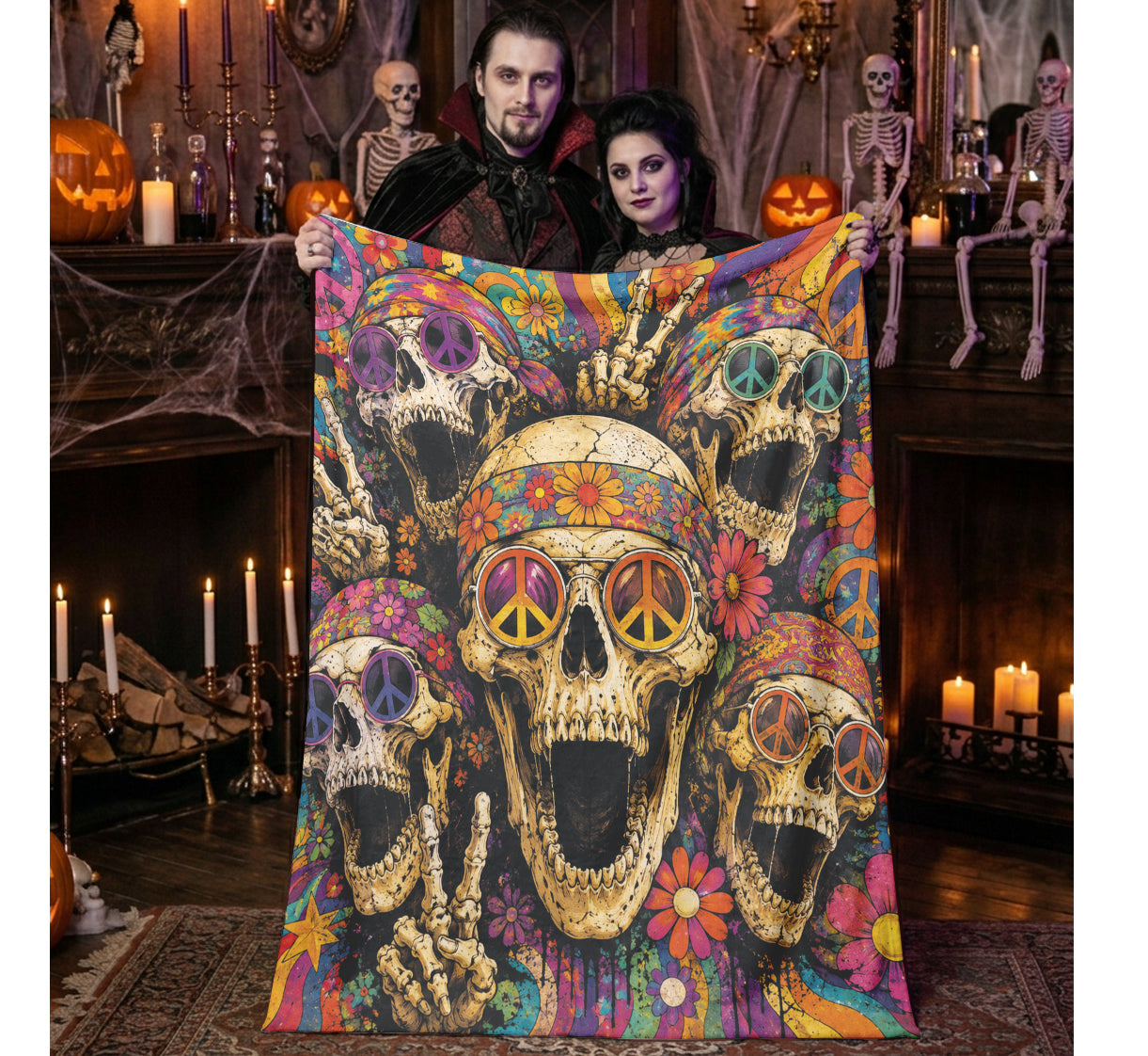 Personalized Psychedelic Hippie Skull Halloween Blanket