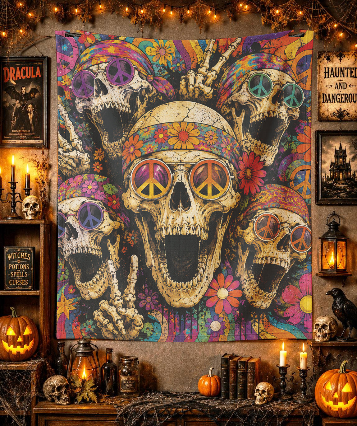 Personalized Psychedelic Hippie Skull Halloween Blanket