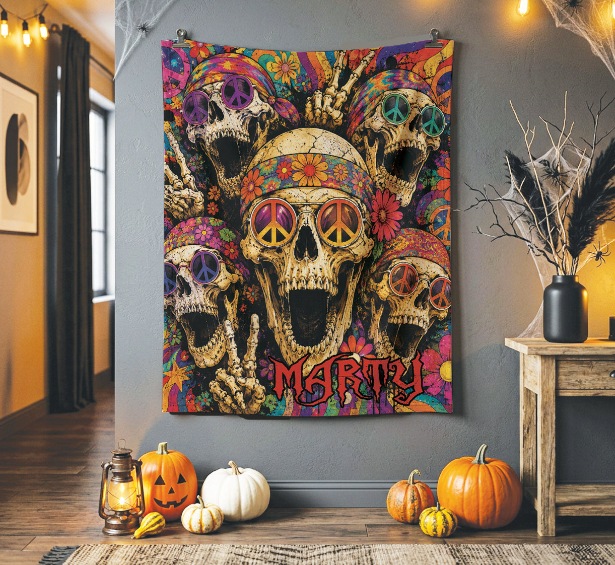 Personalized Psychedelic Hippie Skull Halloween Blanket