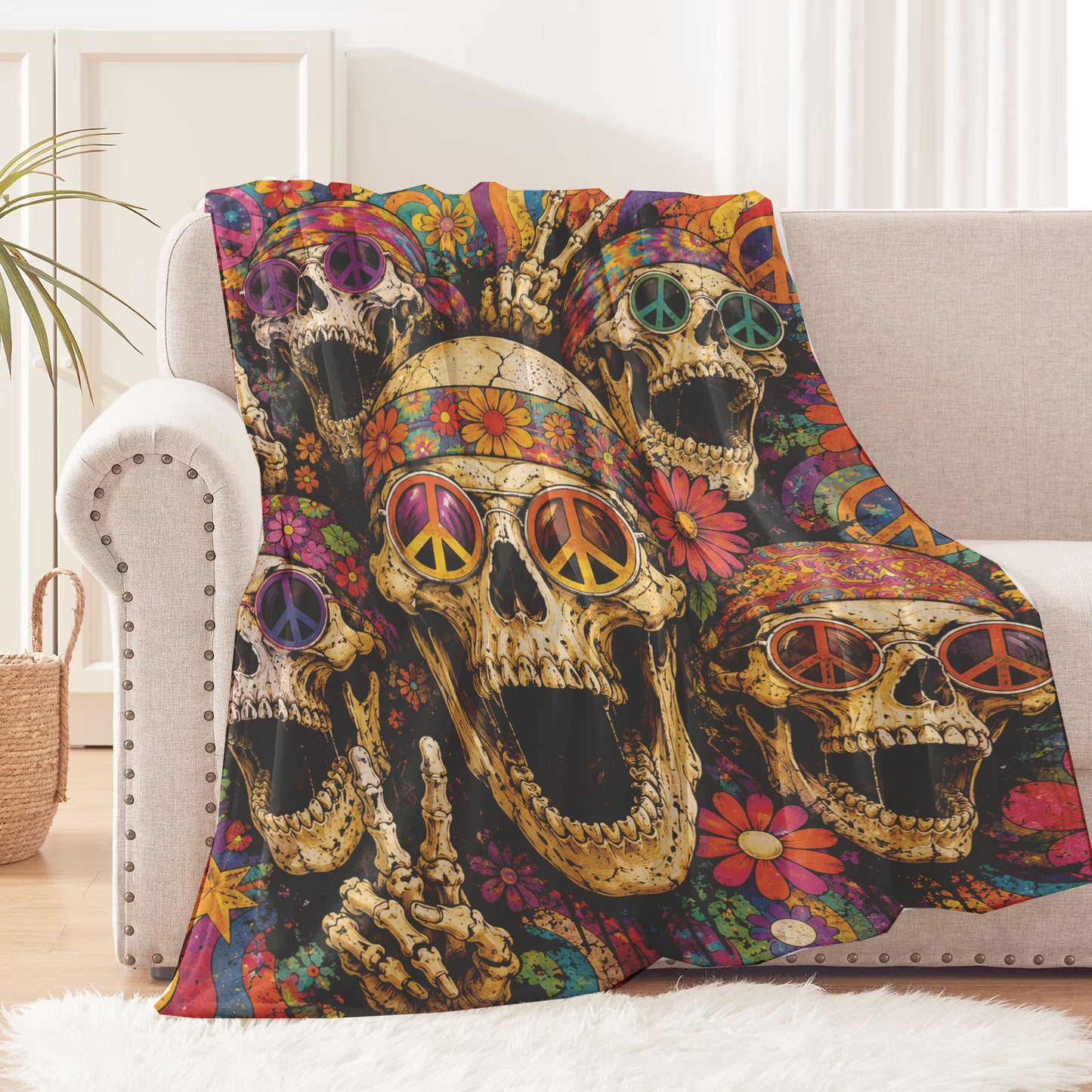 Personalized Psychedelic Hippie Skull Halloween Blanket