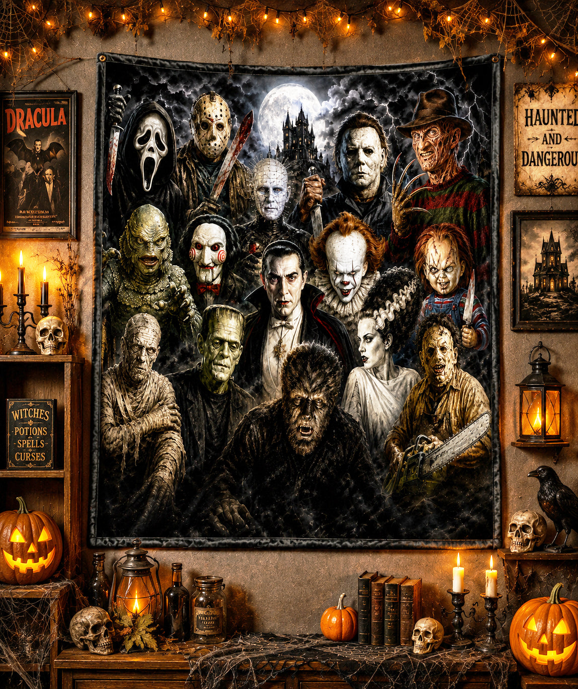 Personalized Halloween Horror Movie Lovers Blanket | Classic Horror Film Genre Collage Woven Throw | Macabre Gift | Creepy Tapestry
