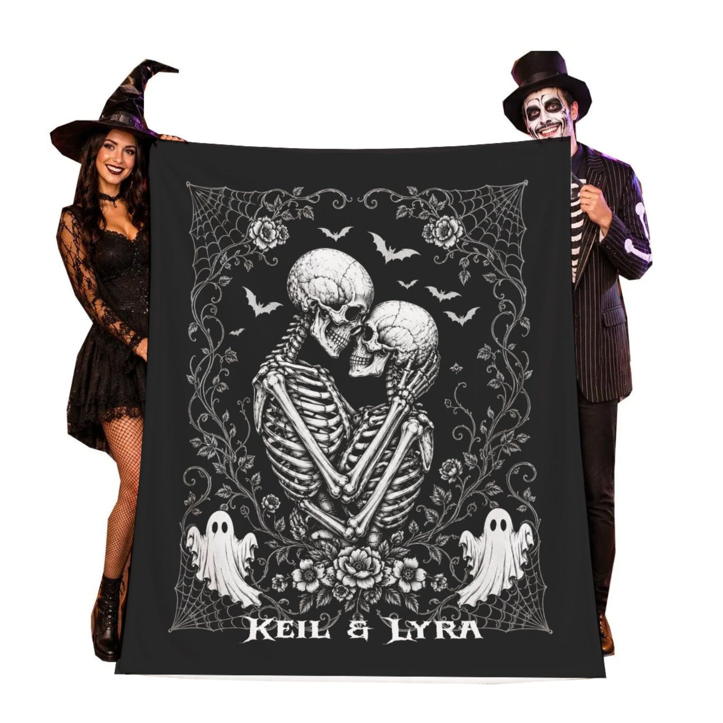 Optional Personalized Skeleton Couple Halloween Blanket | Gothic Romantic Throw | Fall Macabre Tapestry Decor | Spooky Season Goth Gift