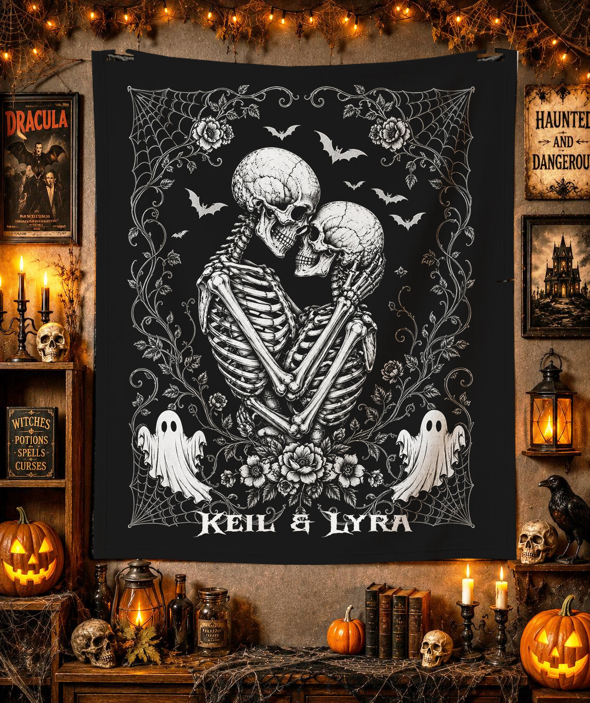 Optional Personalized Skeleton Couple Halloween Blanket | Gothic Romantic Throw | Fall Macabre Tapestry Decor | Spooky Season Goth Gift