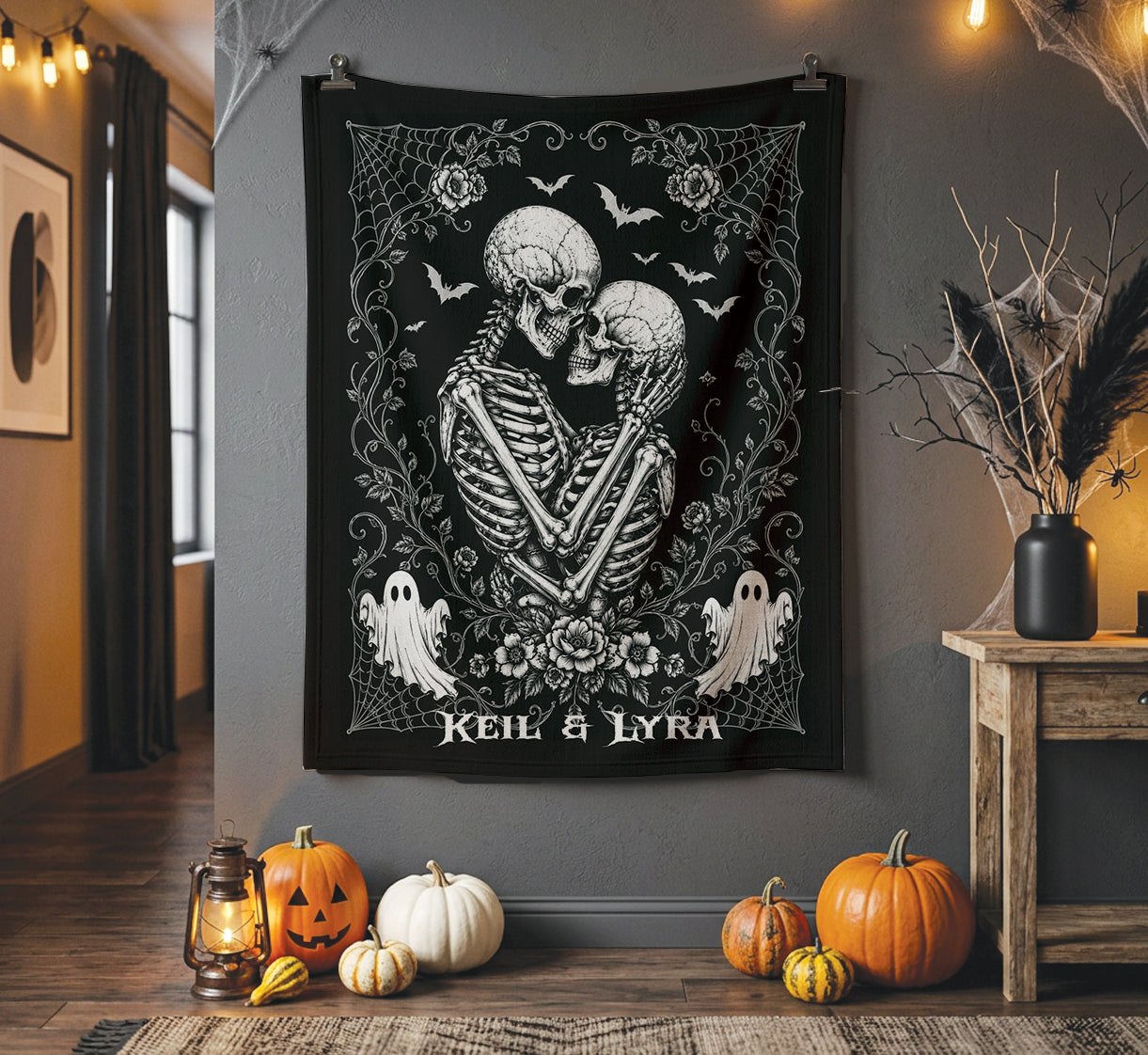 Optional Personalized Skeleton Couple Halloween Blanket | Gothic Romantic Throw | Fall Macabre Tapestry Decor | Spooky Season Goth Gift