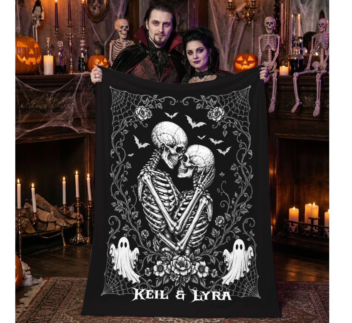 Optional Personalized Skeleton Couple Halloween Blanket | Gothic Romantic Throw | Fall Macabre Tapestry Decor | Spooky Season Goth Gift