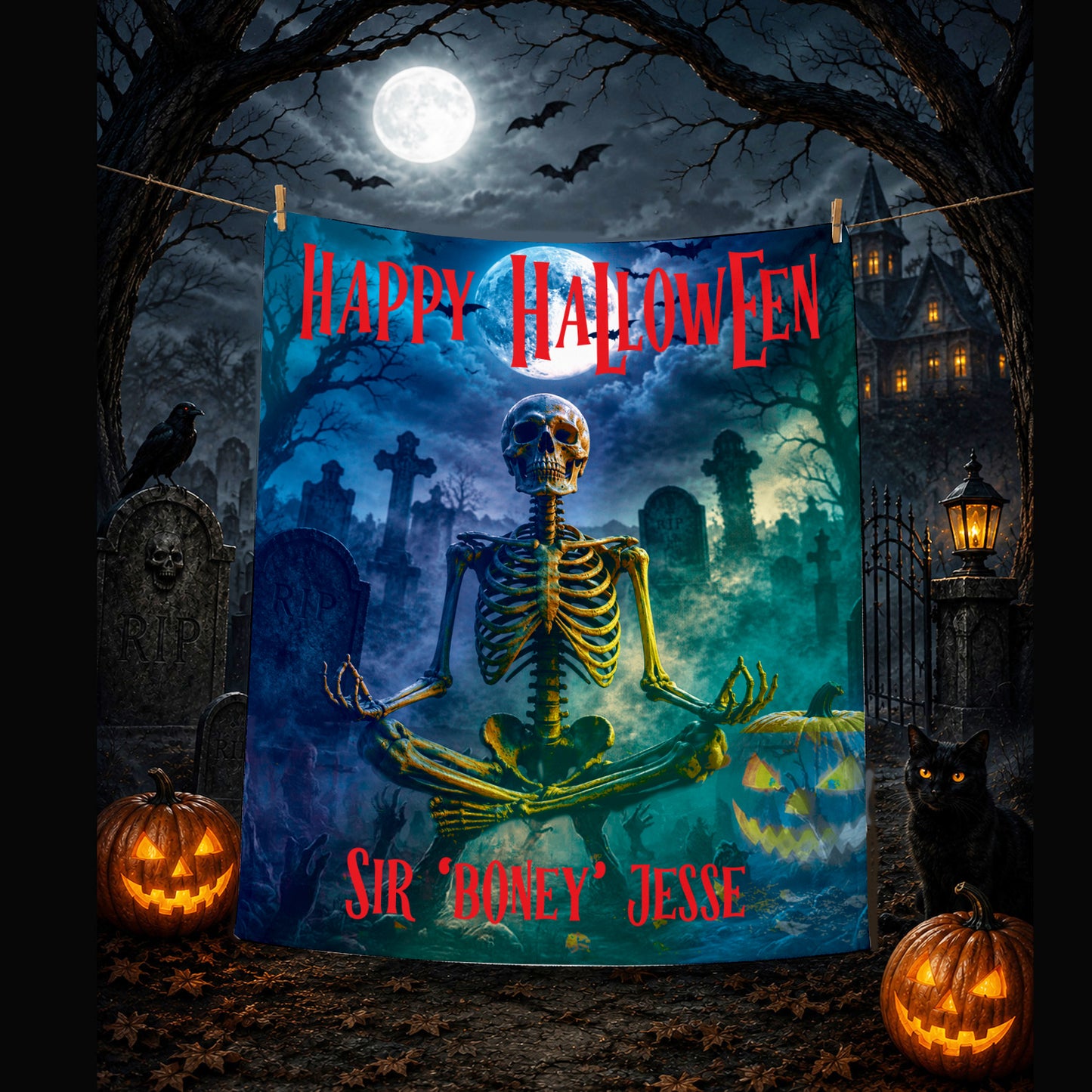 Optional Personalized Halloween Meditating Skeleton Blanket | Bone Man in Graveyard | Fall Season Tapestry Decor | Eerie Creepy Autumn Gift